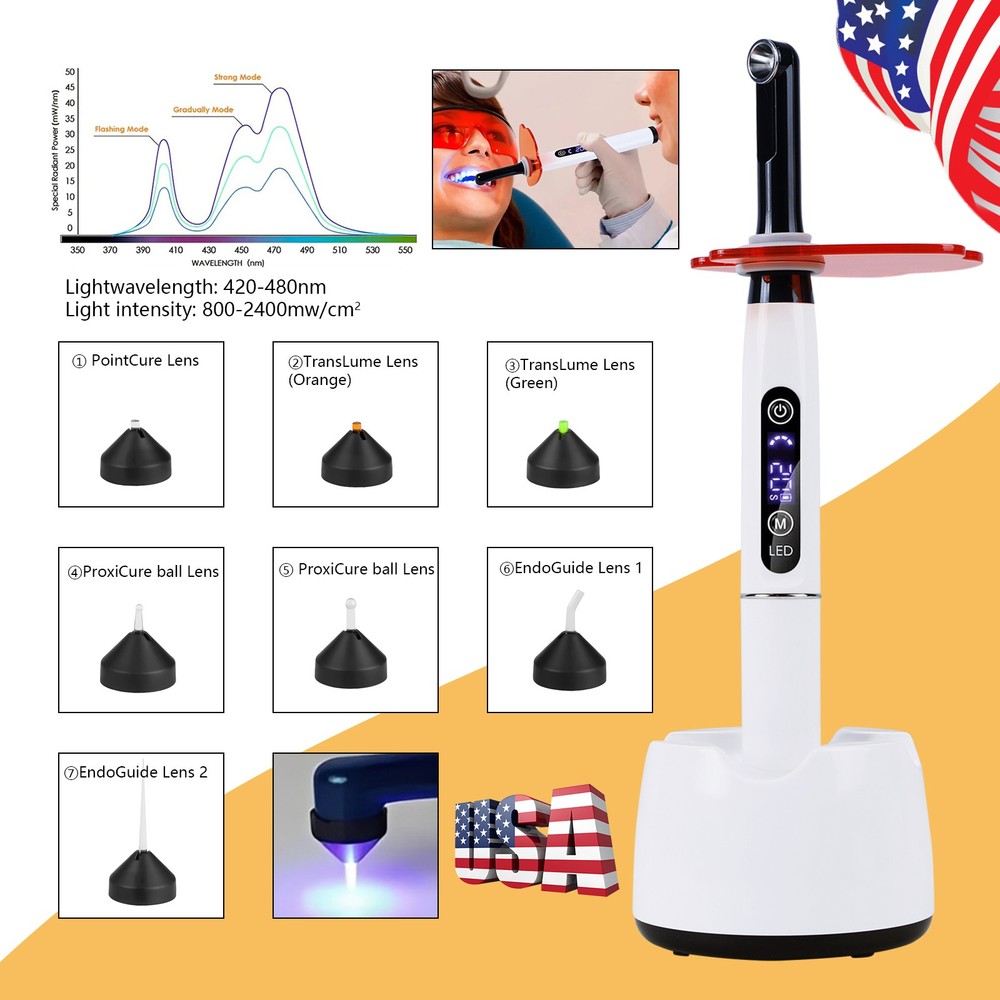 Dental Curing Light 2500mW/cm² with 7 Lens Tips, 1-Second Fast Cure, 1 Set