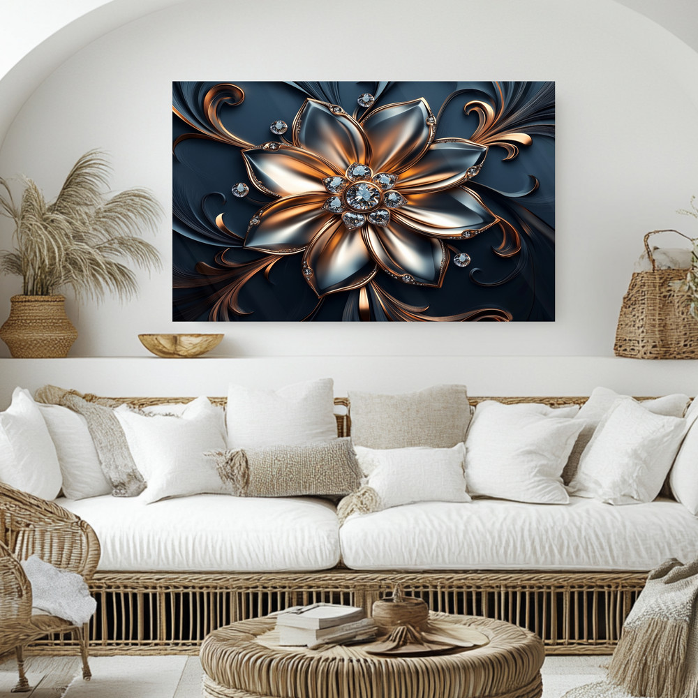 Silver & Copper Floral Backsplash Panel, Luxury Diamond Flower Kitchen Wall Art