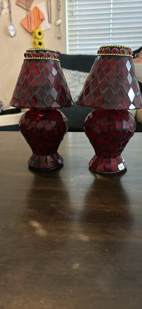 red mosaic glass candle holders