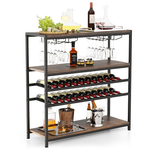 5-tier Wine Rack Table with Glasses Holder - Color: Rustic Brown