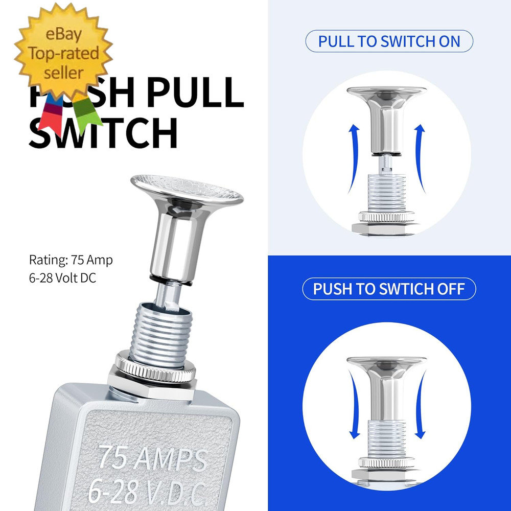 Push Pull Switch Heavy Duty 75 Amp Pull Switch 6-28V DC 2 Position Spst On/Off f