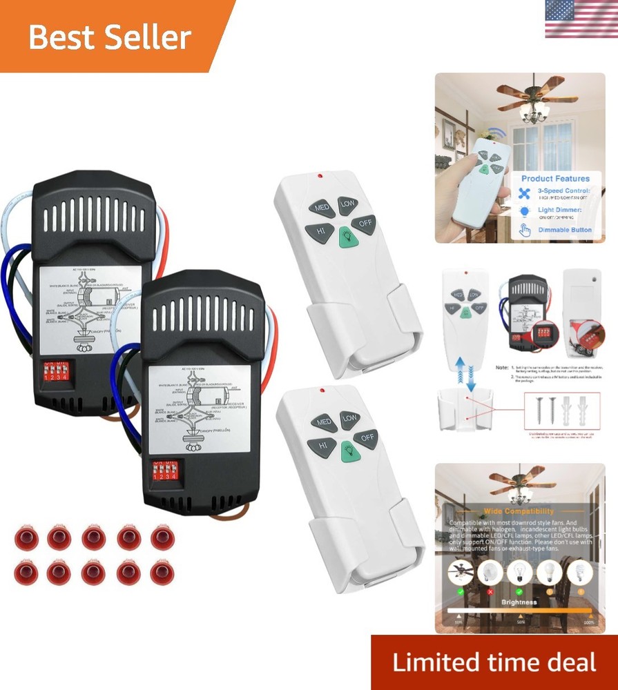 2 Pack Universal Ceiling Fan Remote Control Kits with Light Dimmer - Easy Setup