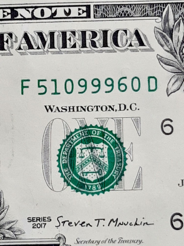 $1 BILL MULTIPLE ERRORS MISALIGNED SERIAL NUMBER& SEAL SHIFT FAR DOWN ERROR