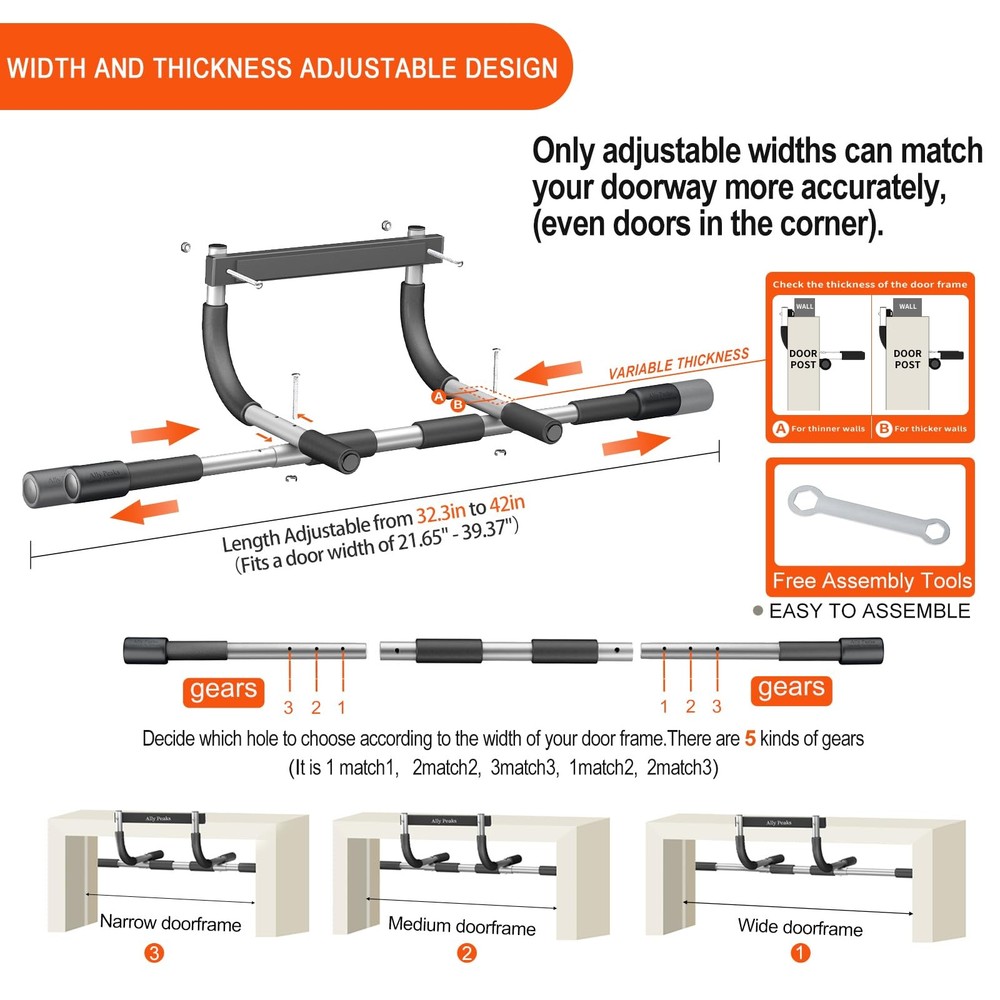 Ally Peaks Pull Up Bar for Doorway,Multiple Levels Width Adjustable silver