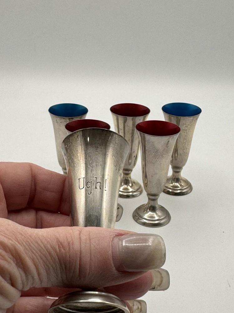 6 Reed & Barton Sterling Silver Cordials - Enamel Lined One Whimsically Engraved