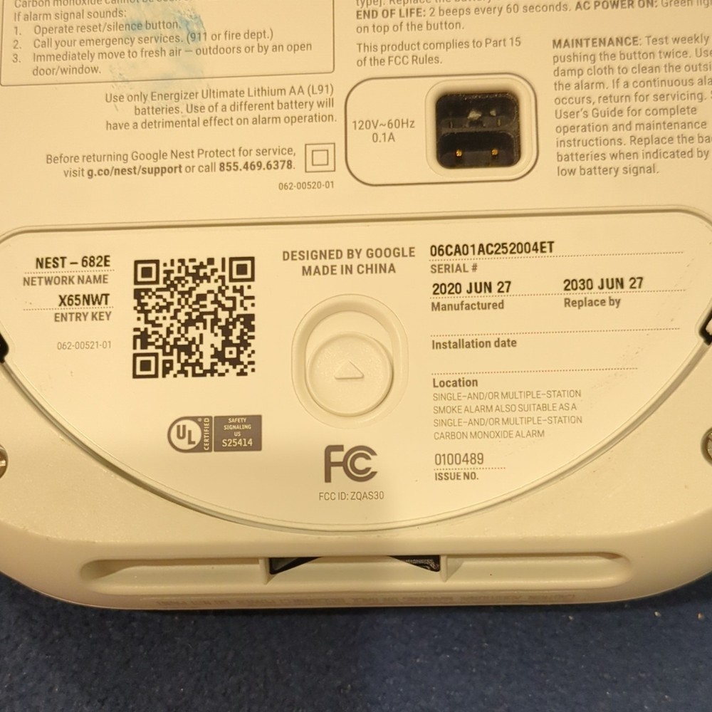 Google Nest Protect Smoke & Carbon Monoxide Detector Wired White Model 06C