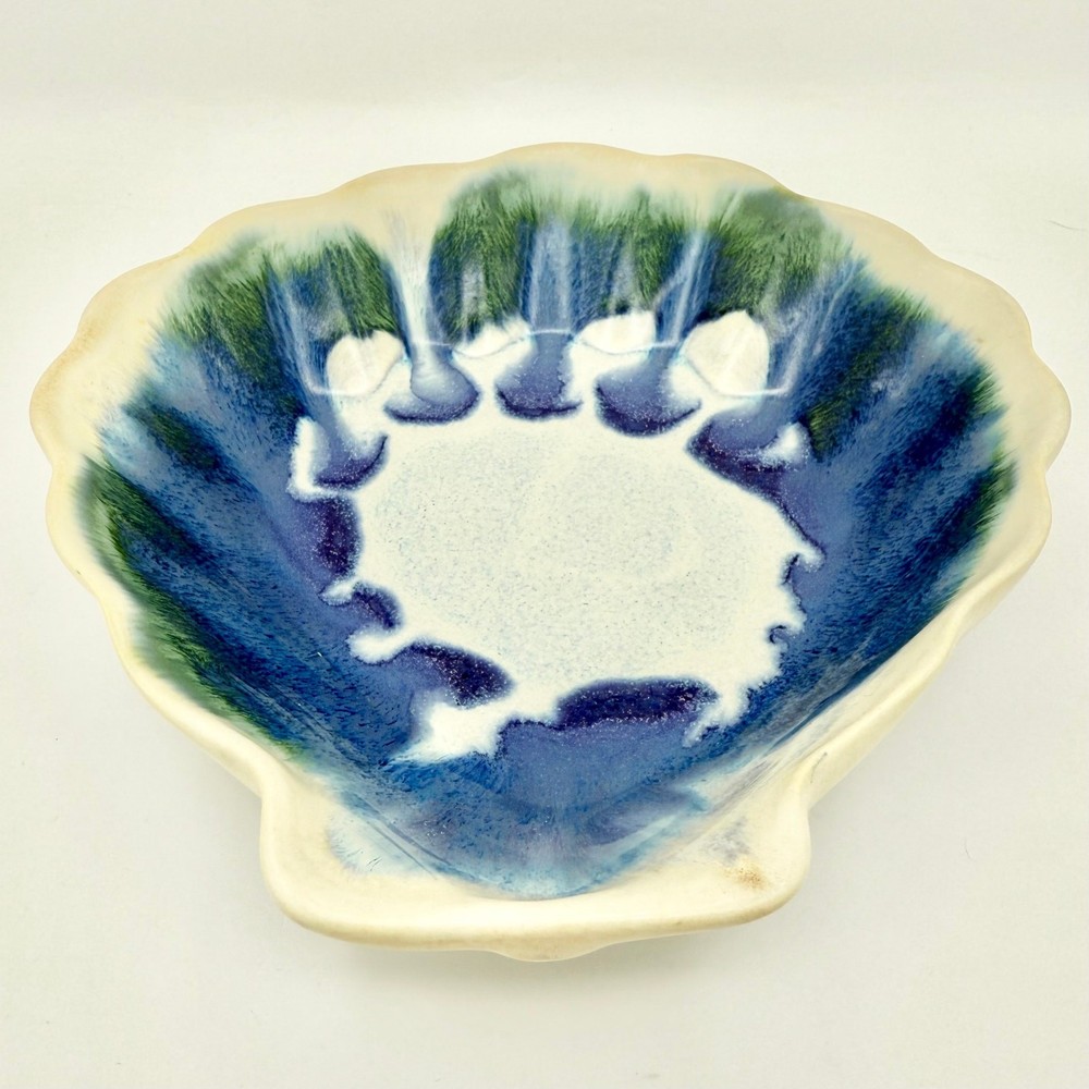 Studio Pottery Shell Dish – Signed SRP, Blue Green Drip Glaze, Handmade Ceramic