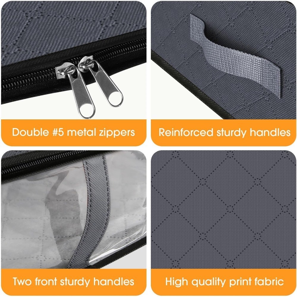 Foldable Under Bed Storage Bags 3-Pack 40L with Clear Window Grey Breathable