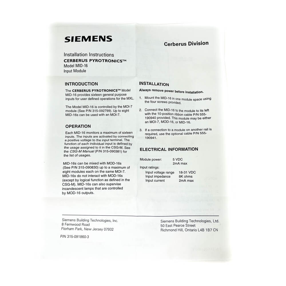 Siemens MID-16 Cerberus Pyrotronics 500-891747 Programmable Input Driver for MXL