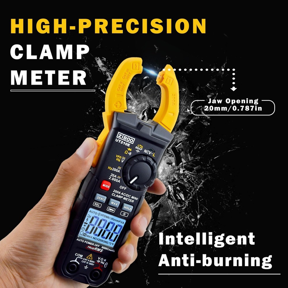 ZIBOO UT210E Mini Handheld Clamp Meter, True RMS AC/DC,6000 Counts Voltmeter ...