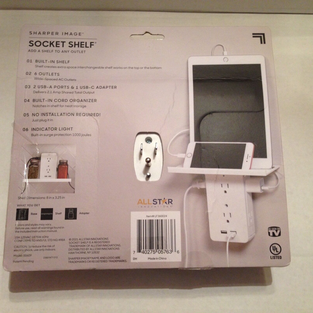 Sharper Image Socket Shelf Cordless Wall 6-Outlet Extender - White