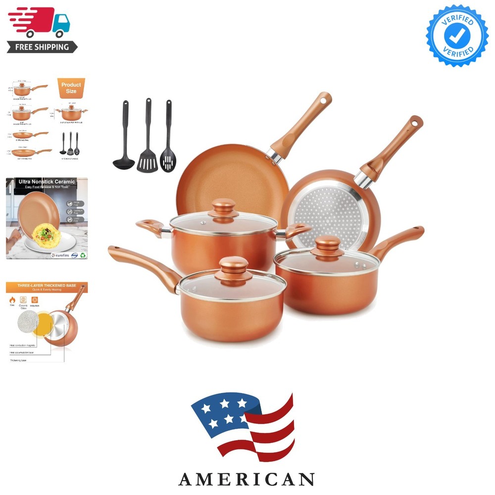 Pots and Pans Set Ultra Nonstick, Pre-Installed 11pcs Cookware Set Copper wit...