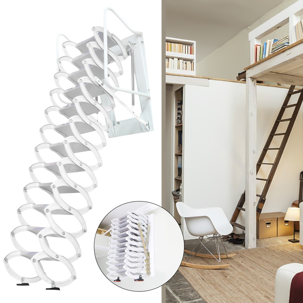 12 Steps Folding Frame Ladder Loft Telescopic Stair Pull Down Attic Ladder