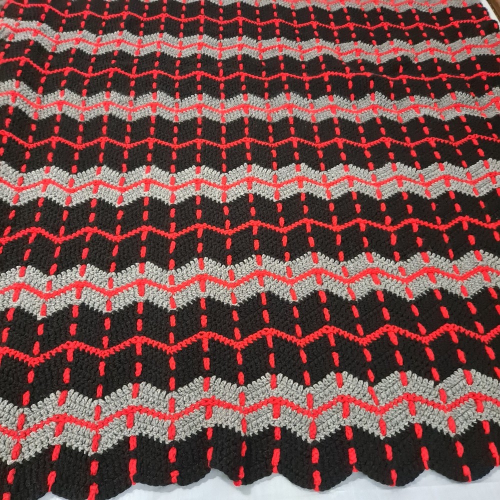 Afghan Blanket Red Black Grey Crocheted Bed Throw 48" x 67"