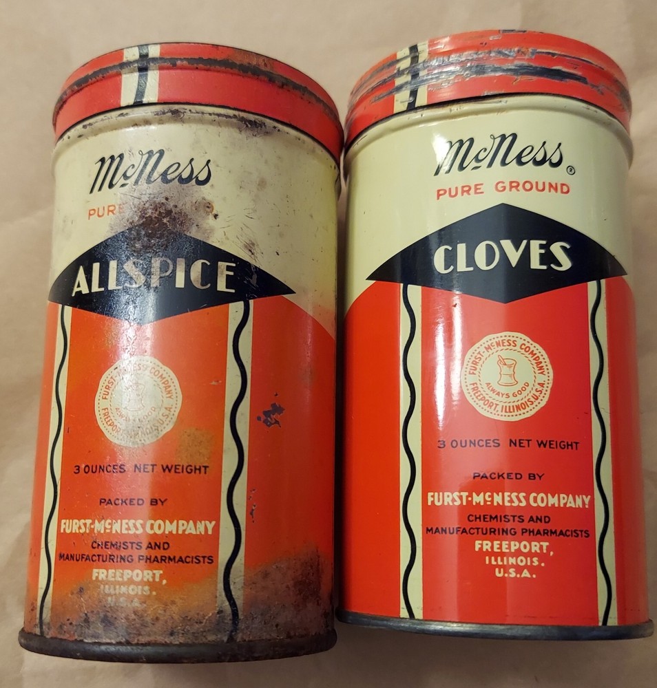 Vintage McNess 2 Spice Tins Allspice, Cloves