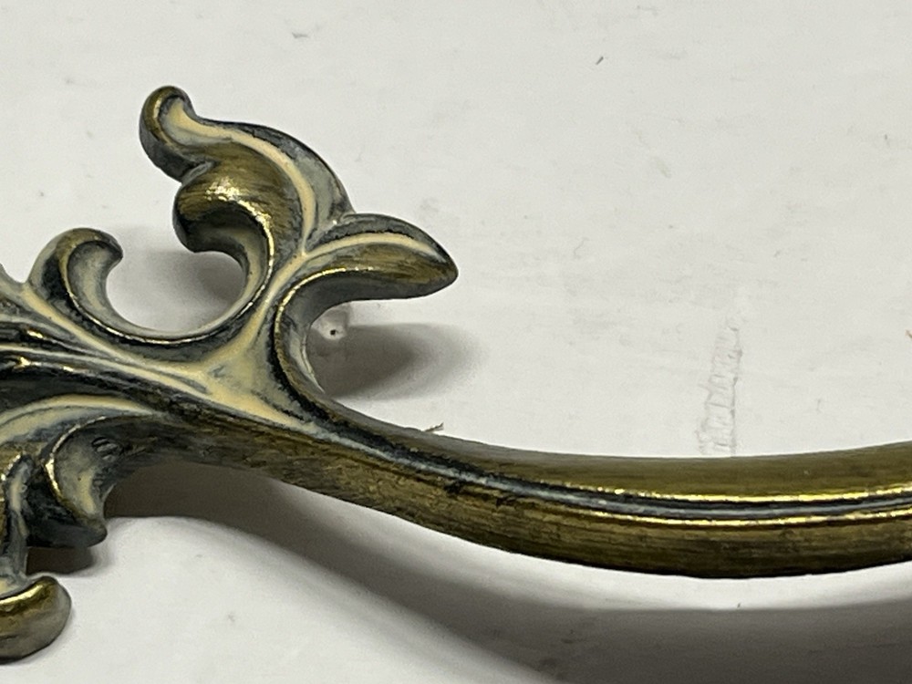 Vintage NOS 9 1/4” Decorative Brass/Whitewash Fixed Drawer Pull