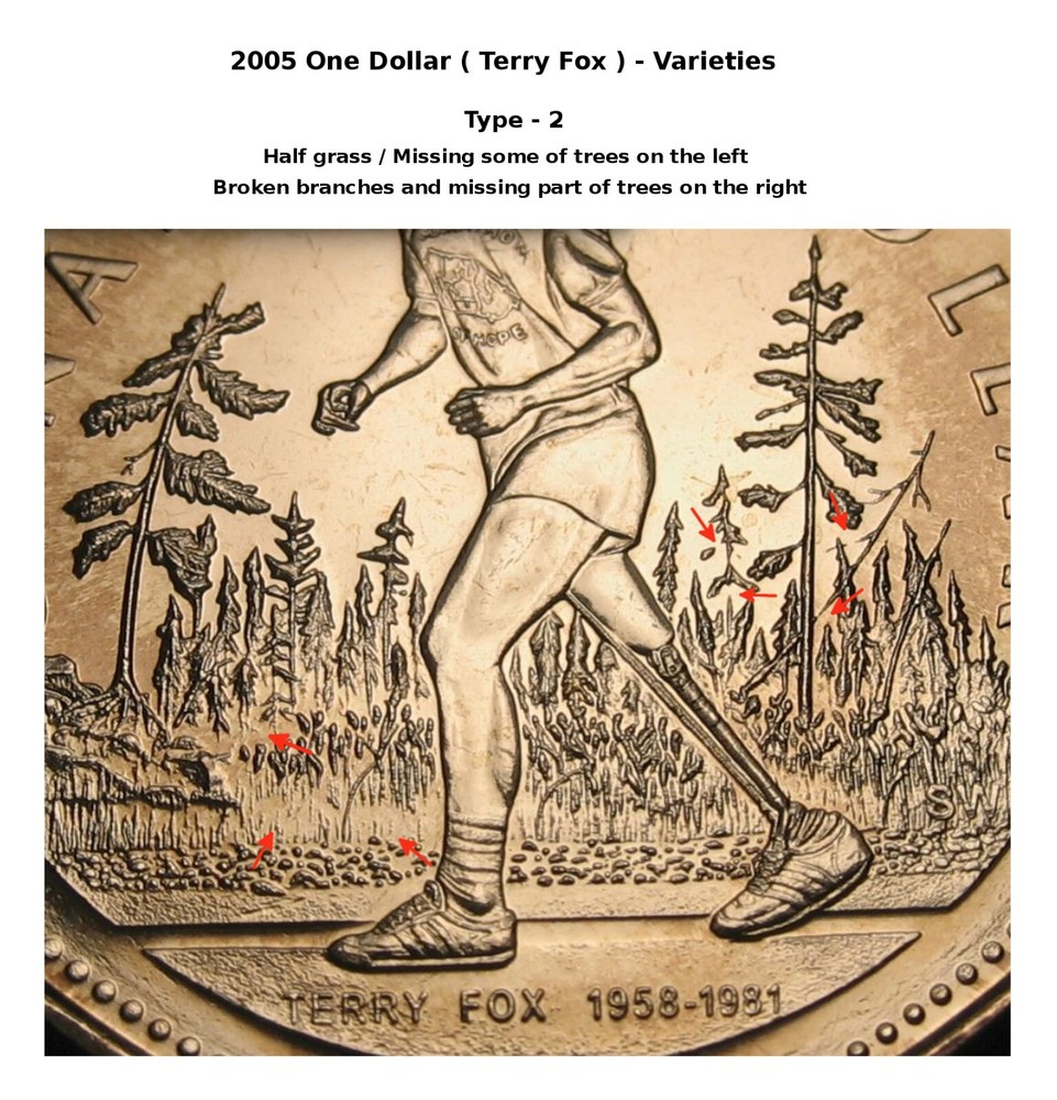Canada 2005 $1 Terry Fox Half Grass / Broken Branches On Right ( Type-2 ) BU