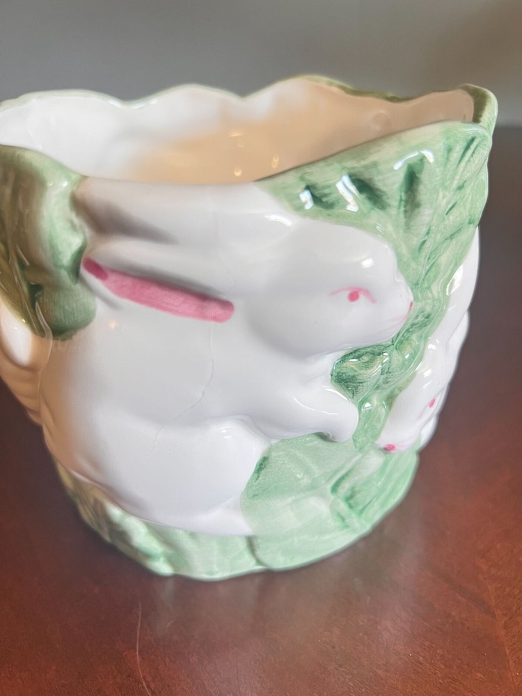 Vintage Ceramic Rabbit Planter/ candy dish cabbage Leaf C pic 4 easter decor