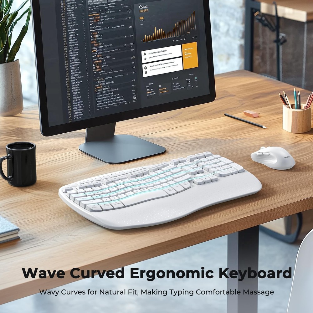 Ergonomic Keyboard and Mouse Wireless Combo Wave Keys Wrist Rest White