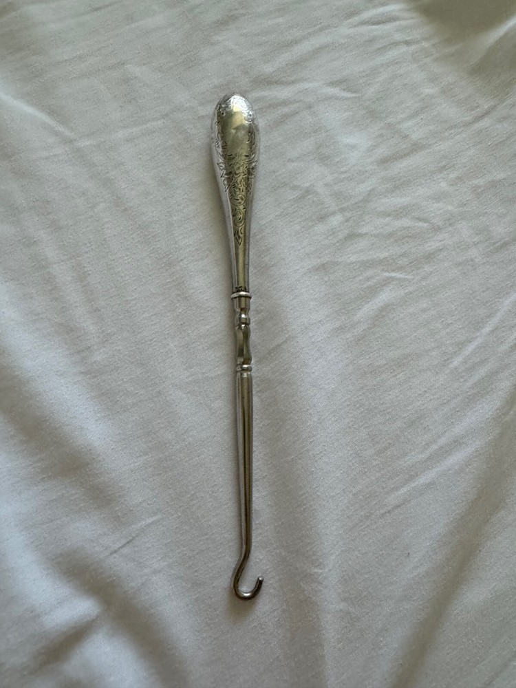 Antique Sterling Silver Handle Button Hook Engraved Scrolling and Flower Design
