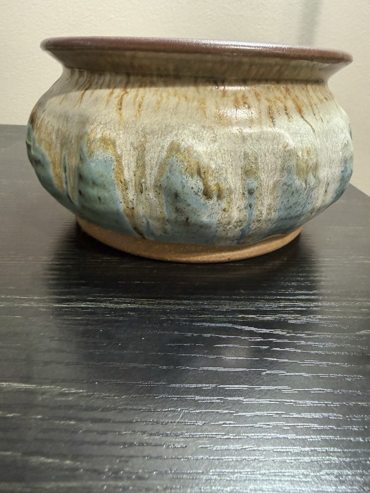 Bob Blanchard Signed Studio Pottery Planter Bowl Blue Drip Glaze
