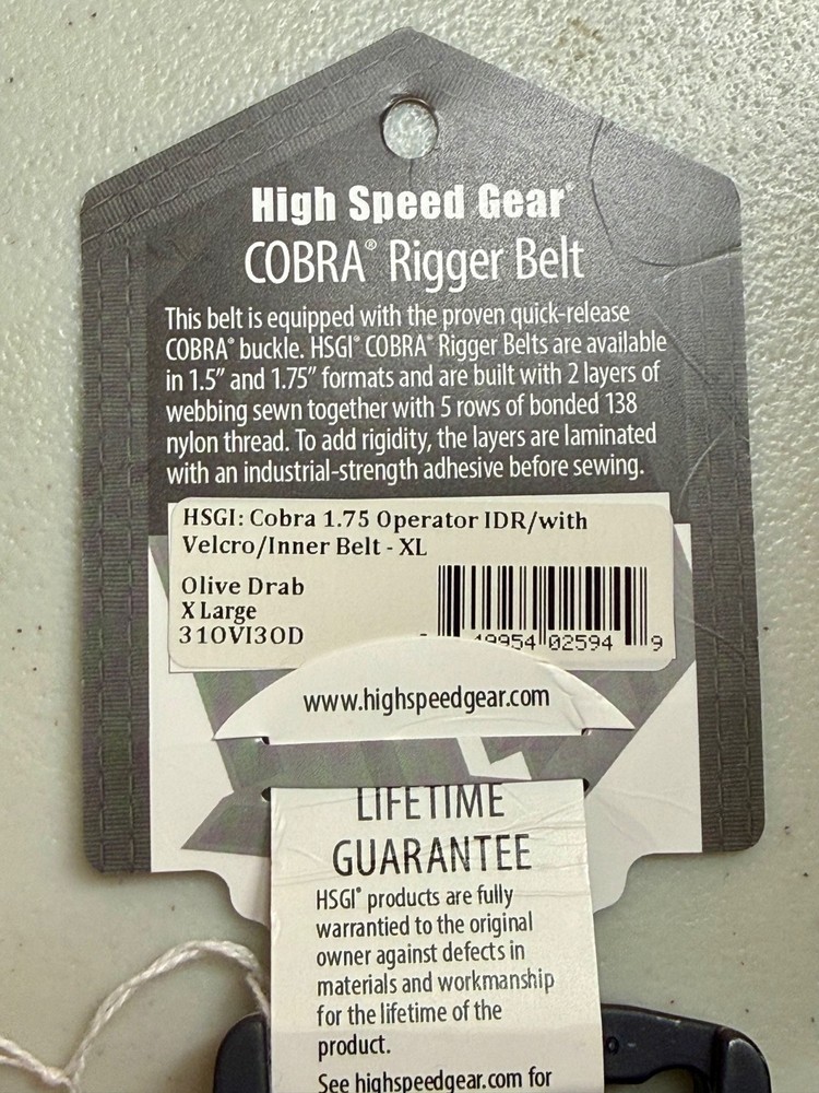 HSGI Cobra 1.75" Operator Belt w/ Hook & Loop Inner Belt Size: XL Olive Drab