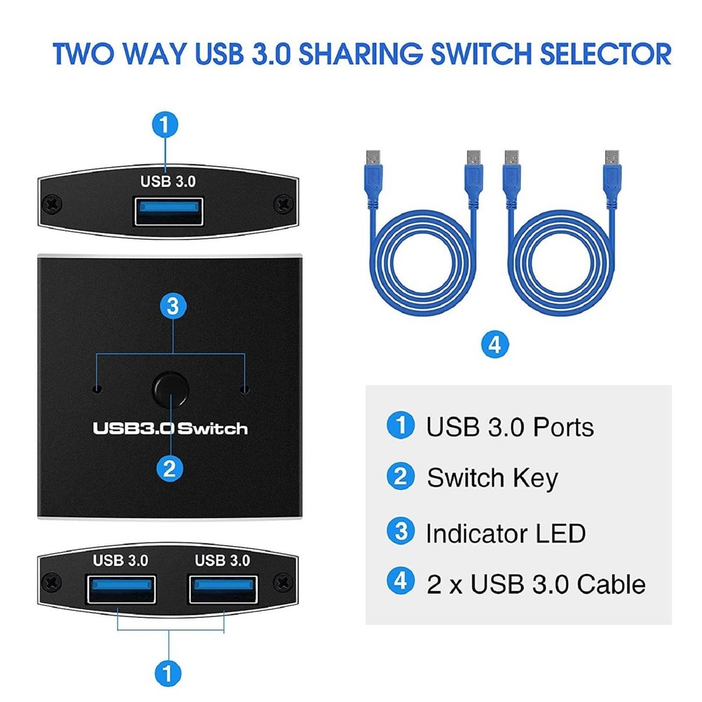 2 In 1 Out USB3.0 Switcher For Printer Keyboard Mouse Sharing Two-Way Switcher E
