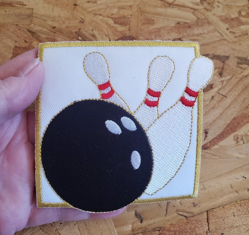 BOWLING PATCH ~ Generous 3.25" Square Embroidered Bowling Iron On Patch