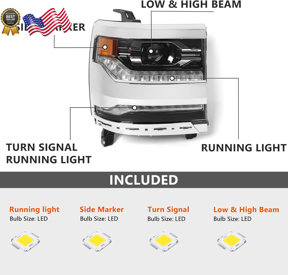 Full LED Headlight Assembly Compatible with Chevy Silverado 1500 2016 2017 2018