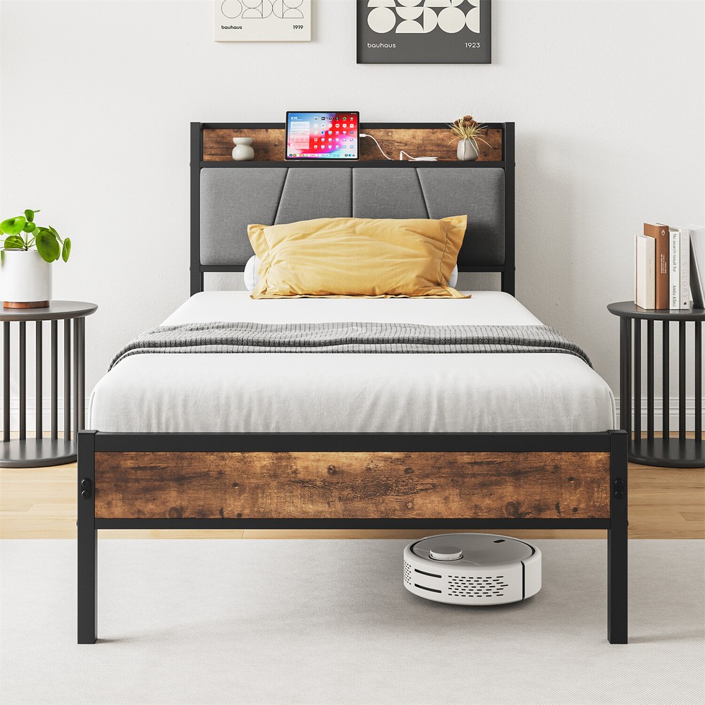 Twin/Full/Queen Size Bed Frame Metal Platform Bed Frame w/ Storage Headboard