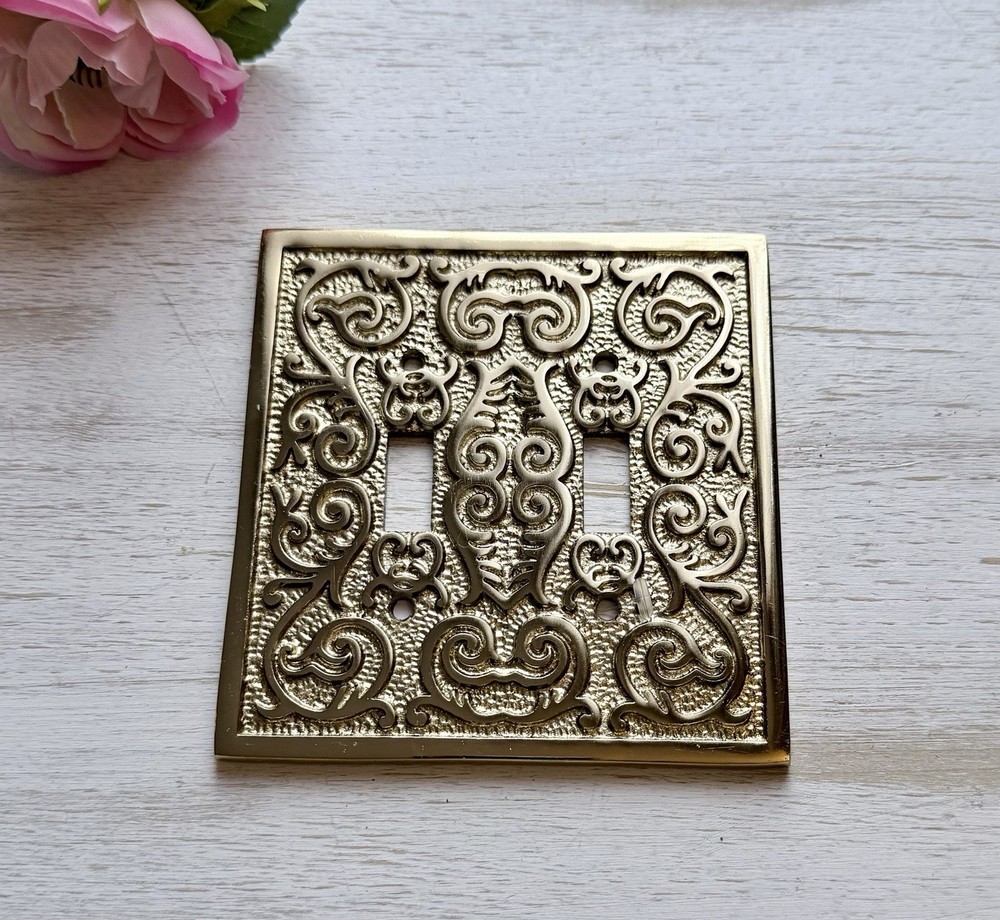 Gold Polished Double Toggle Plate Light Switch Cover Raised Scroll Design VTG