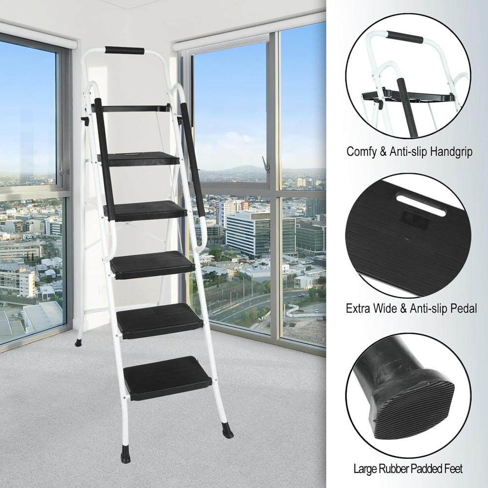 5 Step Portable Folding Step Stool Ladder w/Handrail & Tool Tray Platform 330lbs