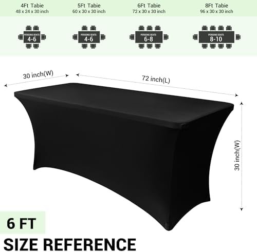 Obstal 6ft Black Spandex Table Cloth, 2 Pack, Fitted Rectangular