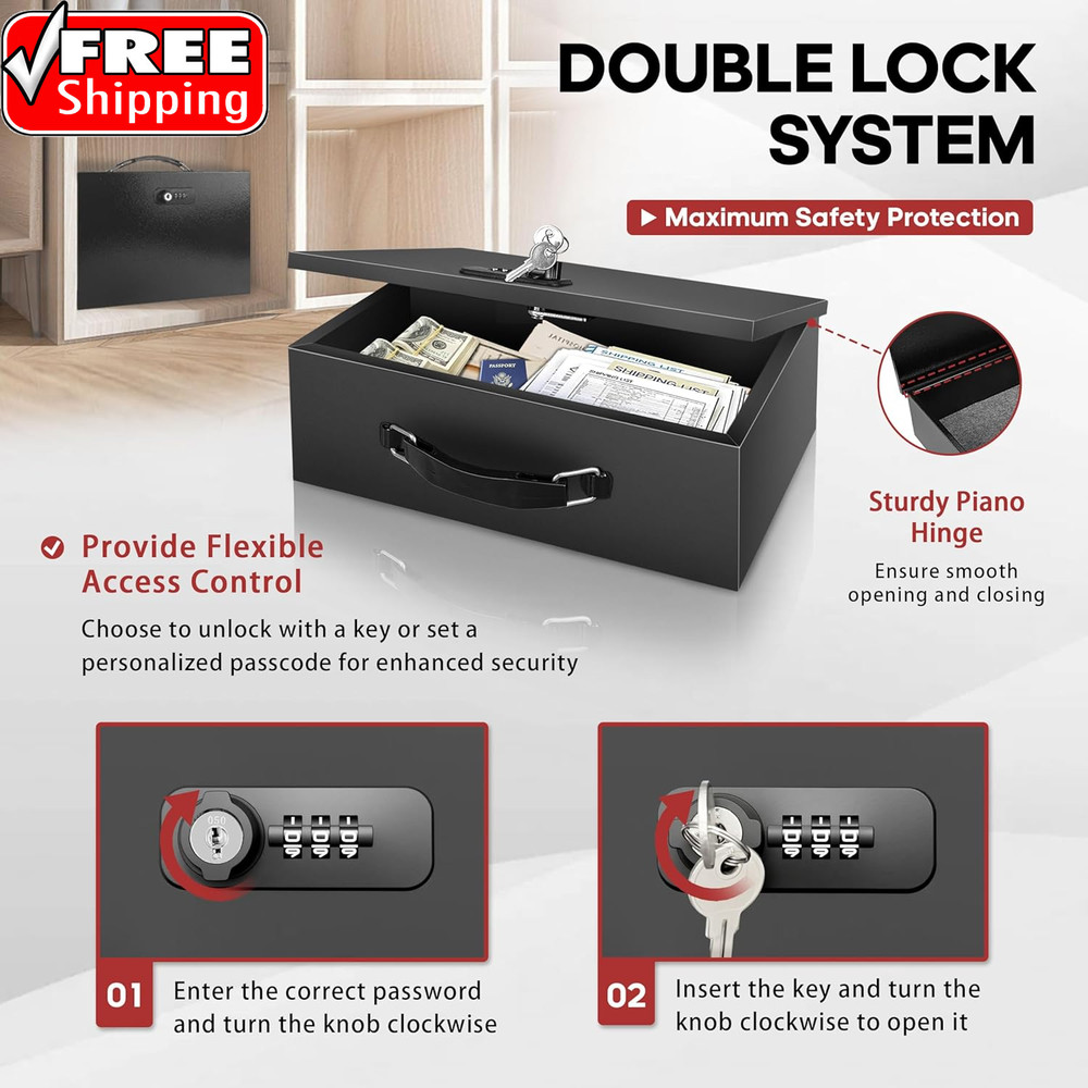 Fireproof Lock Box with Key and Combination Lock, Fire Safe Document Box, Portab