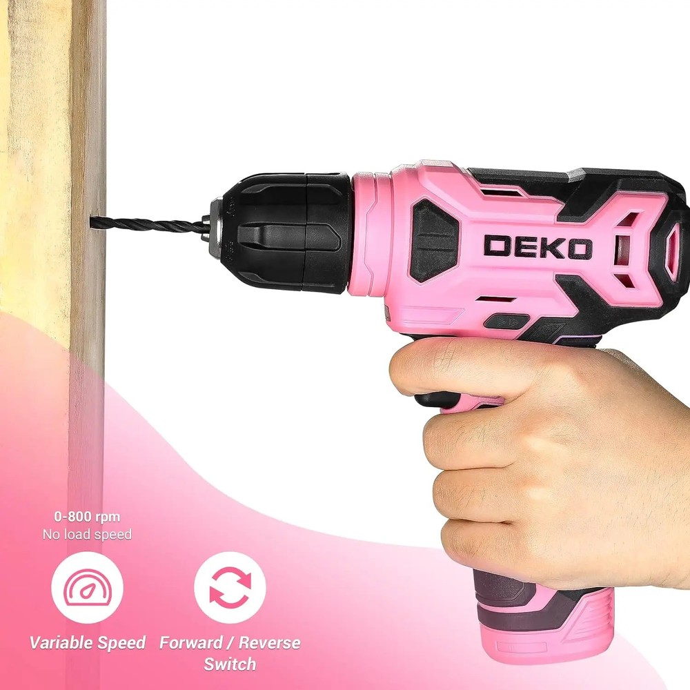 DEKO 8V Pink Cordless Drill Set 42pcs LED Light 3/8