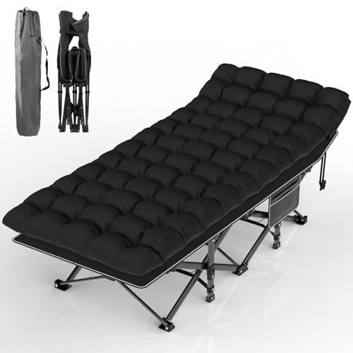 Camping Cot, Folding Camping Cot Bed 75"×28"×15" Black Cot Black Pad(upgraded)