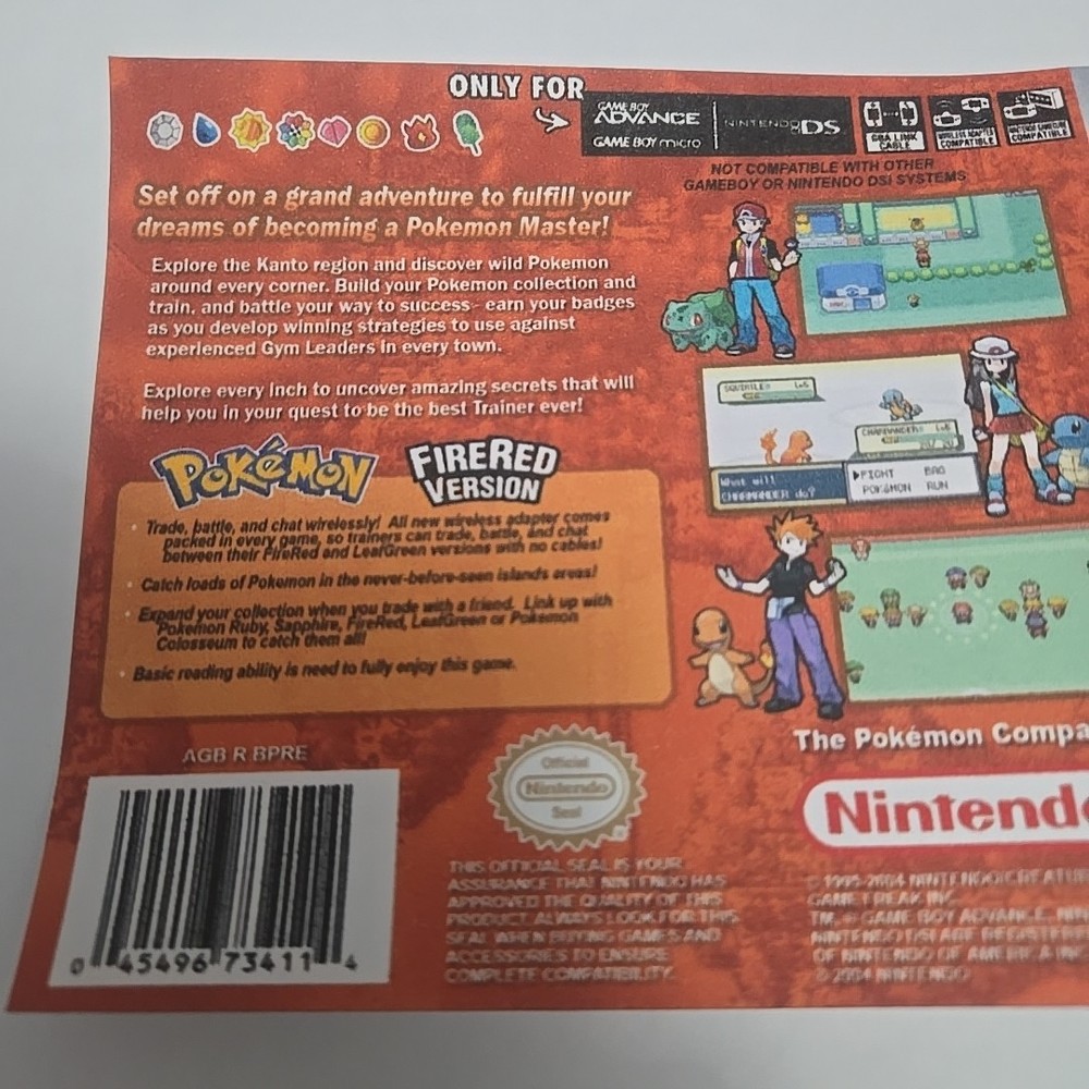 Replacement Case For Pokemon Fire Red Version Nintendo GameBoy Advance