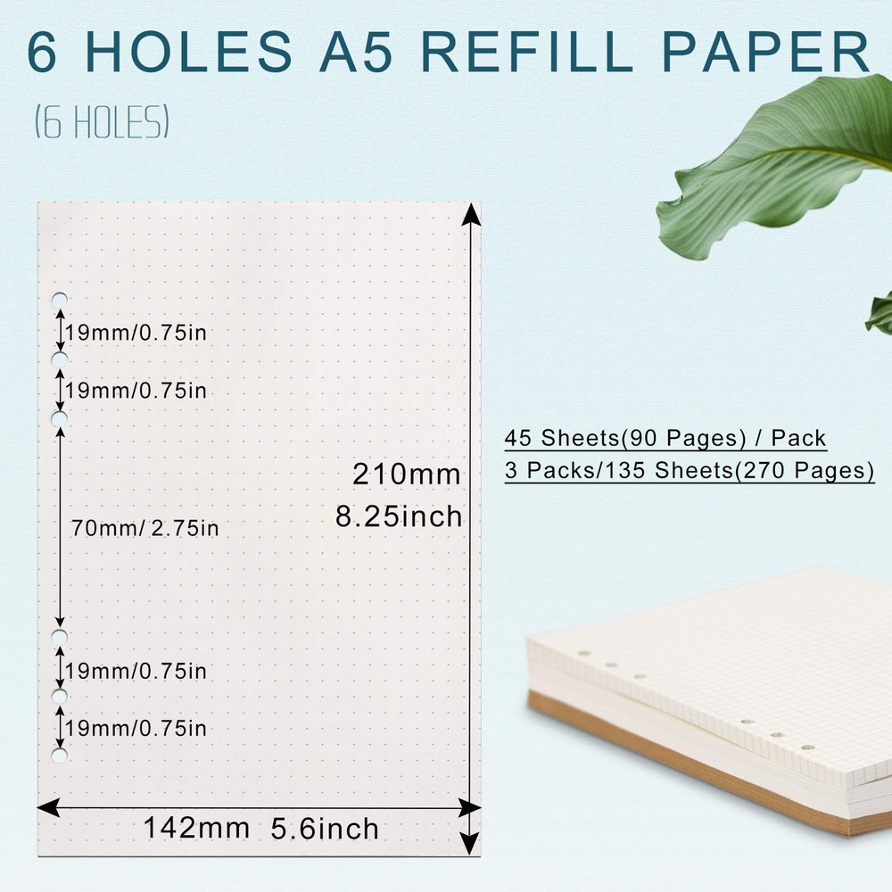 Toplive [3 Pack] A5 Refill Paper - 100GSM Thick 6 Hole 3 Pack, Dot