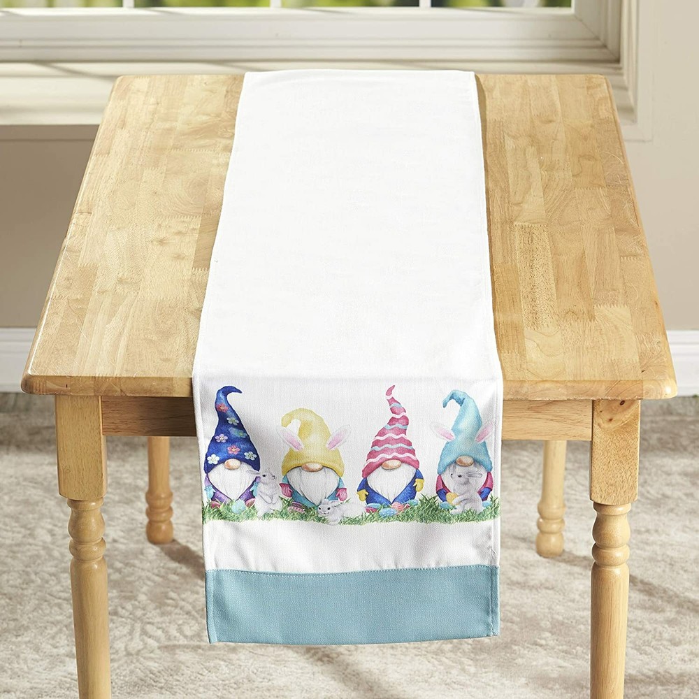 Hippity Hoppity Happy Easter Table Runner with Gnome Characters.