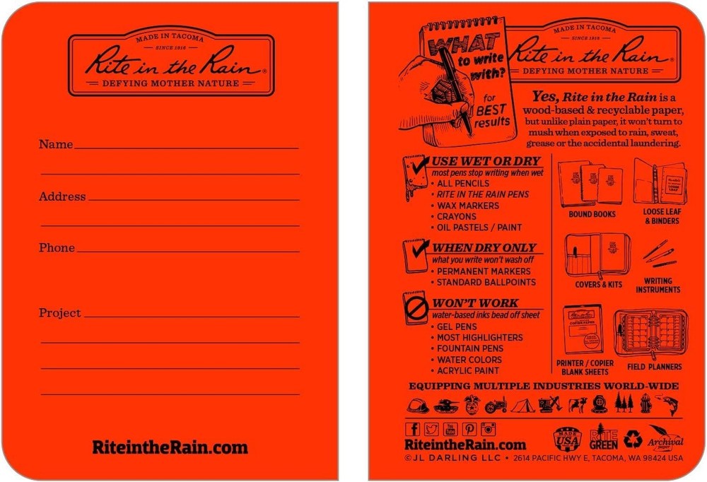 Rite In The Rain Mini Stapled Binding Notebook 3 Pack orange Field-Flex Cover