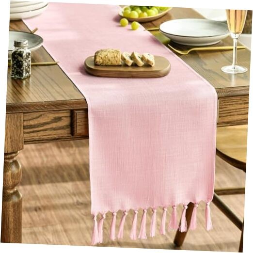 Tassel Table Runner, Linen Blend Rustic 13" x 72", Table Runner Blush Pink
