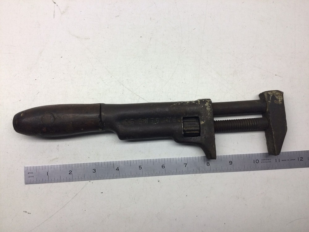 Antique 10” Wood Handle Adjustable Pipe/ Monkey Wrench Sept. 7, ‘97