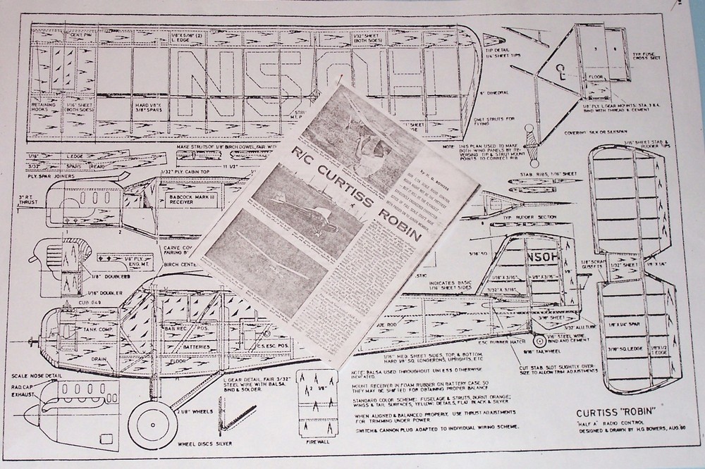 Flyline CURTISS ROBIN PLAN + CONSTRUCTION ARTICLE for 41" Span RC Model Airplane