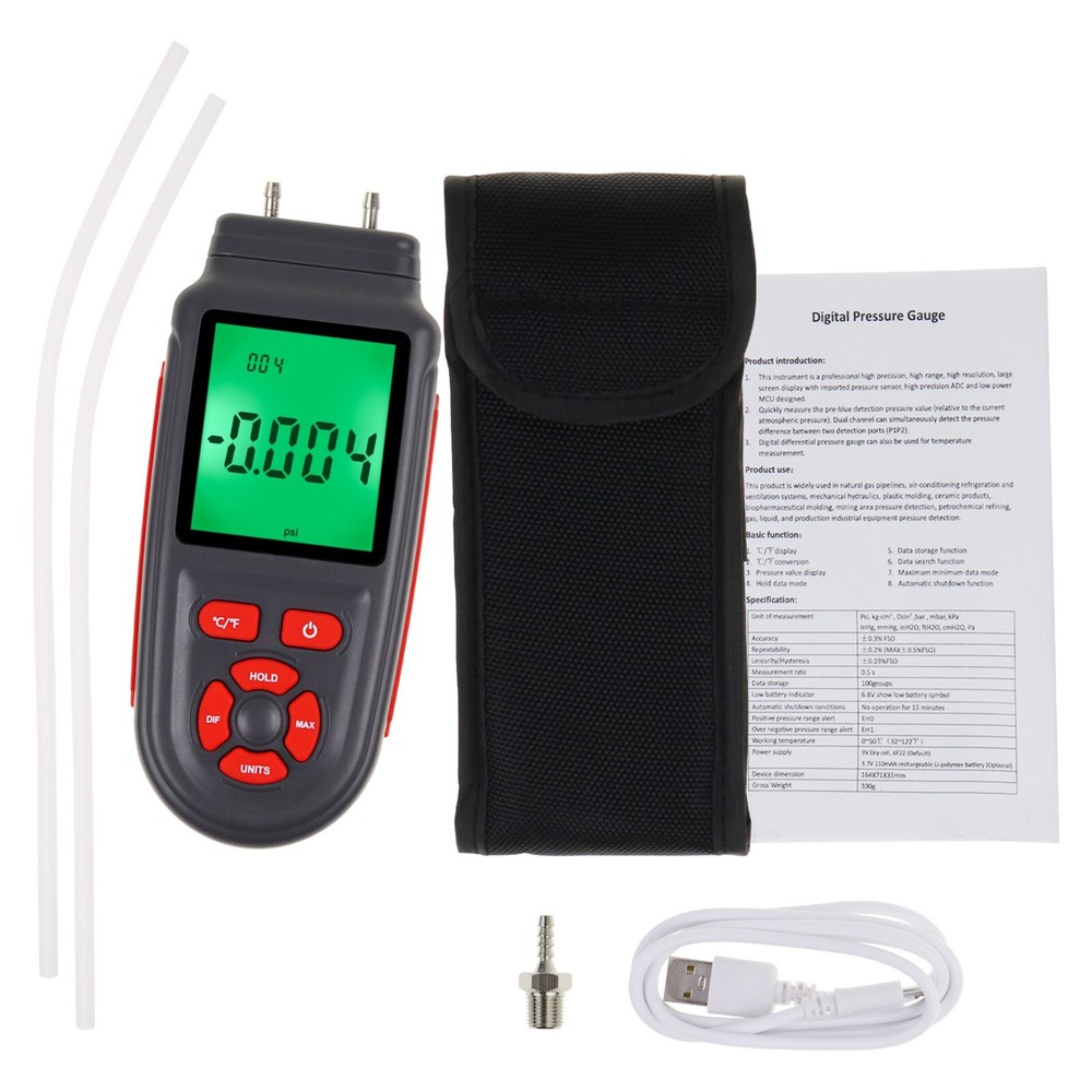 Dual Differential Gas Pressure Tester Manometer with Data Storage Function