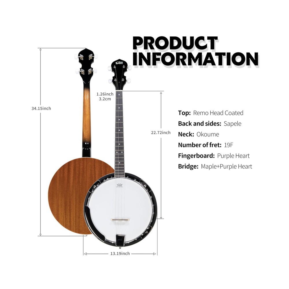 4 String Banjo Solid Back with beginner Kit Remo Head Coated Top Sapele Body ...