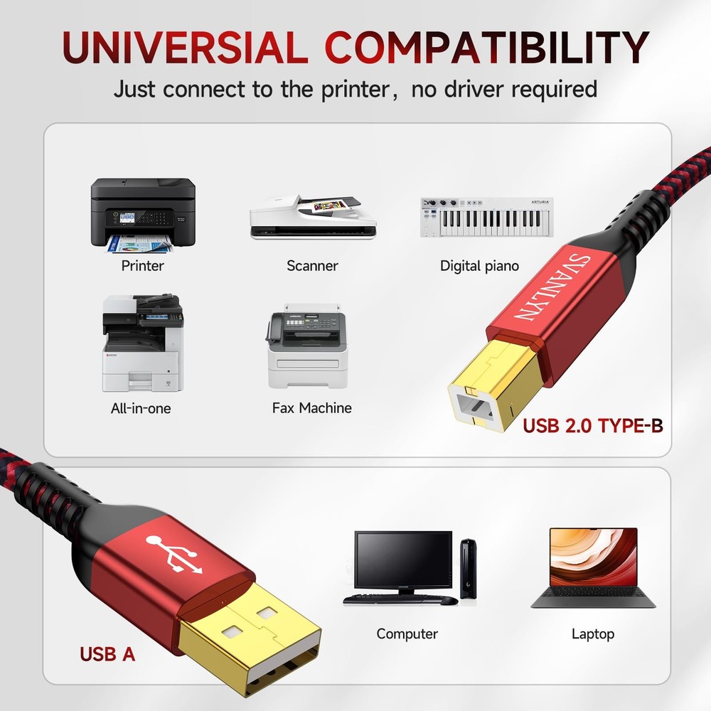 SVANLYN Printer Cable 20 FT, USB A to B 2.0 20FT, Red