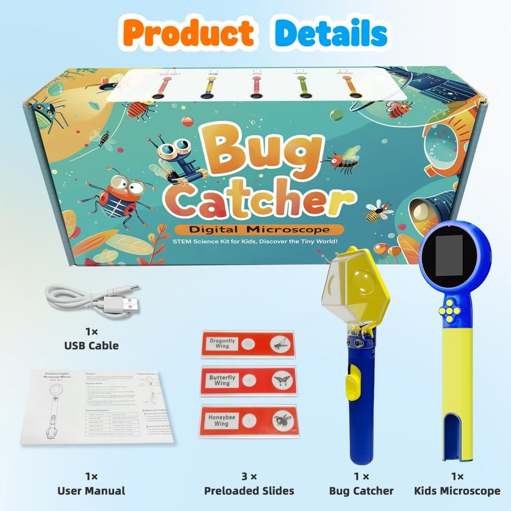 Kids Microscope with Bug Catcher Kit, 1080P Digital Mini Handheld Blue