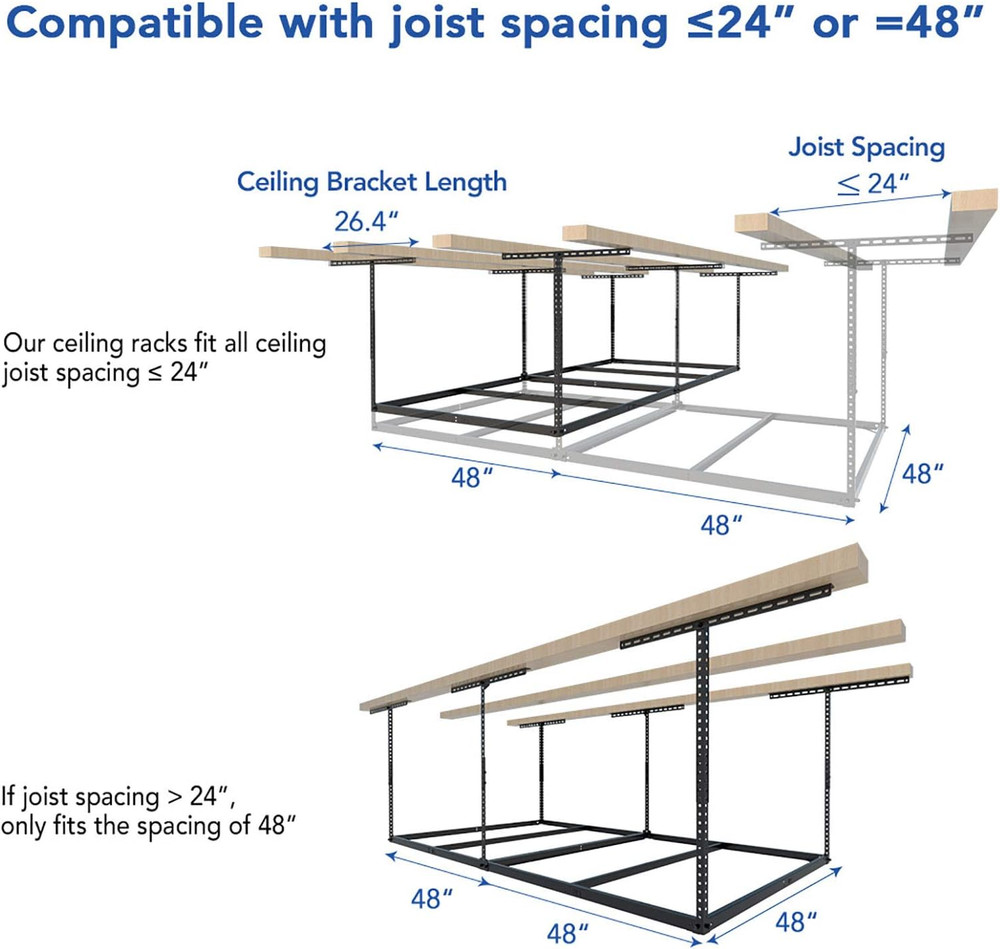 4X8 Overhead Garage Storage Rack without Decking,Plus 2-Pack Add-On Storage Util