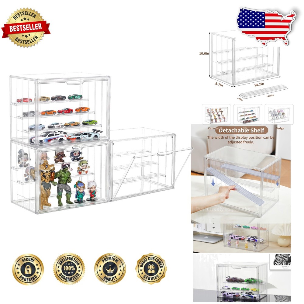 Adjustable Acrylic Display Case 3 Pack, 4-Layer, Magnetic Door, Stackable, Hobby