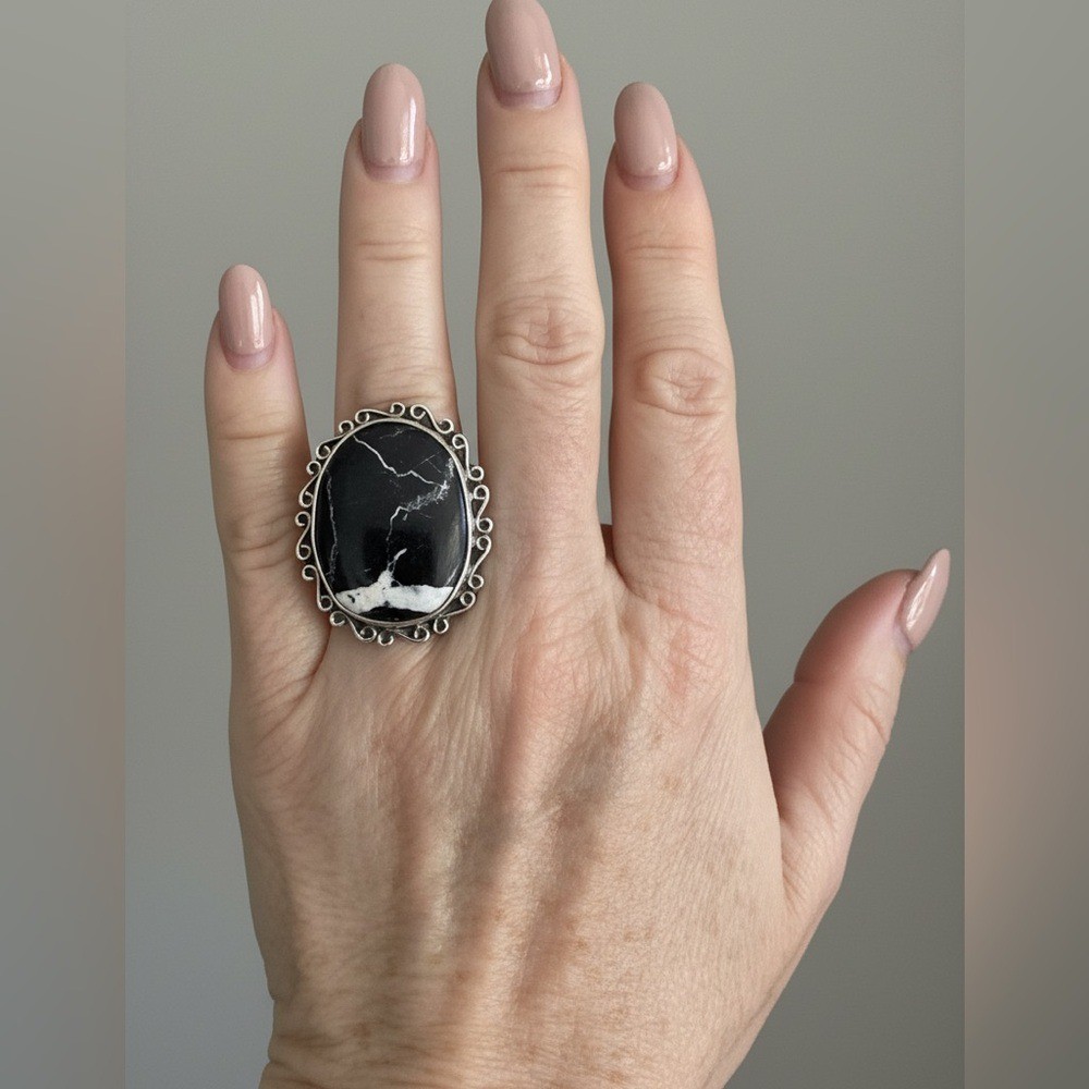 Elegant white, buffalo, turquoise and sterling Silver Statement Ring